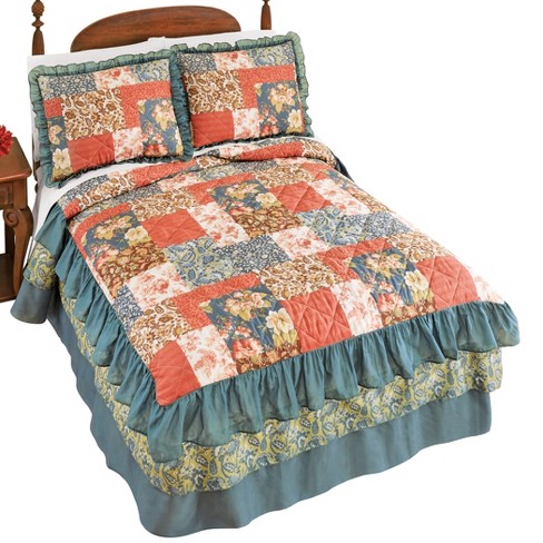 Collections Etc Fall Floral Patchwork Triple Ruffle Bedspread Queen ...