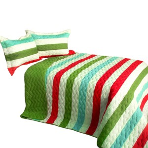 Slickblue 3 PC Handmade Full/Queen Quilt Set, Reversible Vermicelli Quilted, Horizontal Stripes, 37 Color Options - 1 of 4