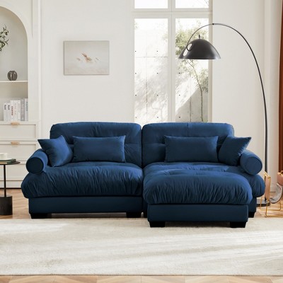 Aukfa Blue Velvet Large  Sofa with Bolster Armrests, Waist & Throw Pillows – Modern Couch for Living Room, Bedroom or Office