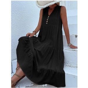 Coolmee Summer Casual Midi Dresses for Women Sleeveless V-Neck Button Front Swing Tank Sundress - 1 of 4