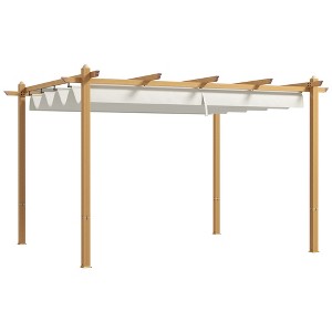 Outsunny Outdoor Retractable Pergola, Heavy Duty Wood Grain Aluminum with Weather Resistant Fabric Sun Shade Canopy, Patio Shelter - 1 of 4