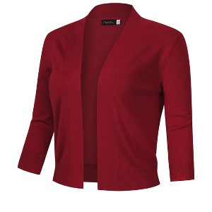 Women's 3/4 Sleeve Open Front Cropped Cardigan Sweater Lightweight Knit Short Shrugs Wine Red 3XL - 1 of 4