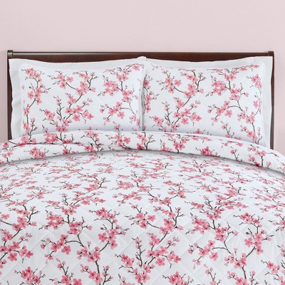 Standard Size Quilted Pillow Sham with Pink Cherry Blossom Design