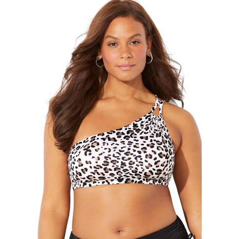 Swimsuits for All Women's Plus Size Virtuoso One Shoulder Bikini Top, 8 -  Snow Leopard