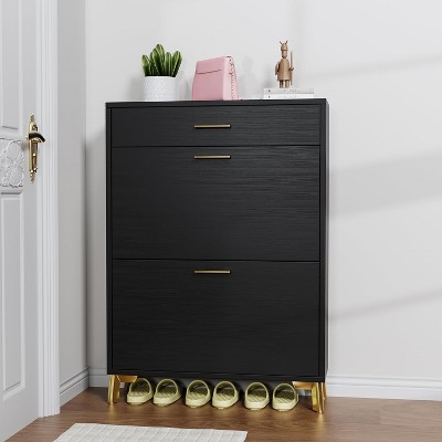 Angel Sar Narrow Shoe Cabinet with 2 Double Flip Door & 1 Drawer, Entryway Shoe Storage Cabinet with Golden Handles, Black