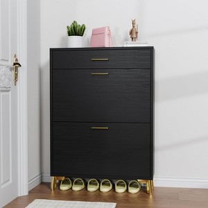 Angel Sar Narrow Shoe Cabinet with 2 Double Flip Door & 1 Drawer, Entryway Shoe Storage Cabinet with Golden Handles, Black - 1 of 4