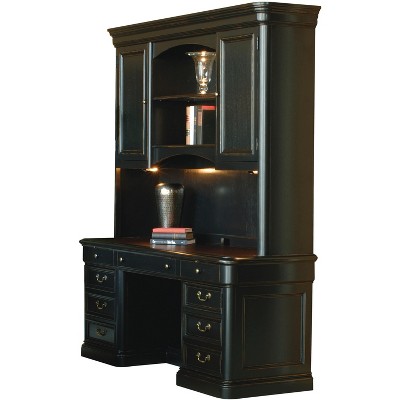 Executive Black-Brown Wood Desk with Power Outlet and Filing Cabinet