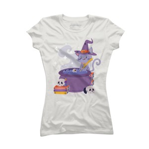 Junior's Design By Humans Halloween Kitty Cauldron By machmigo T-Shirt - 1 of 2