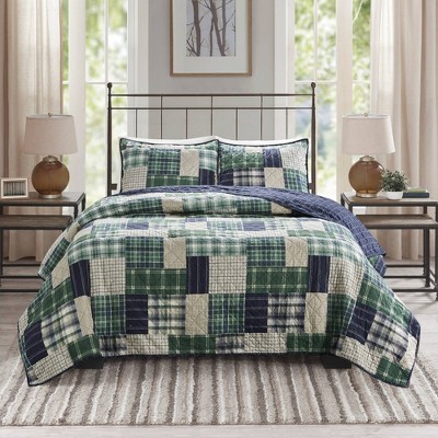 King Green and Navy Reversible Microfiber Quilt Set