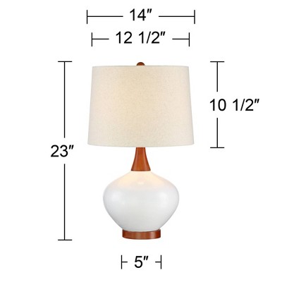 Ivory Ceramic and Wood Mid-Century Table Lamp with Drum Shade