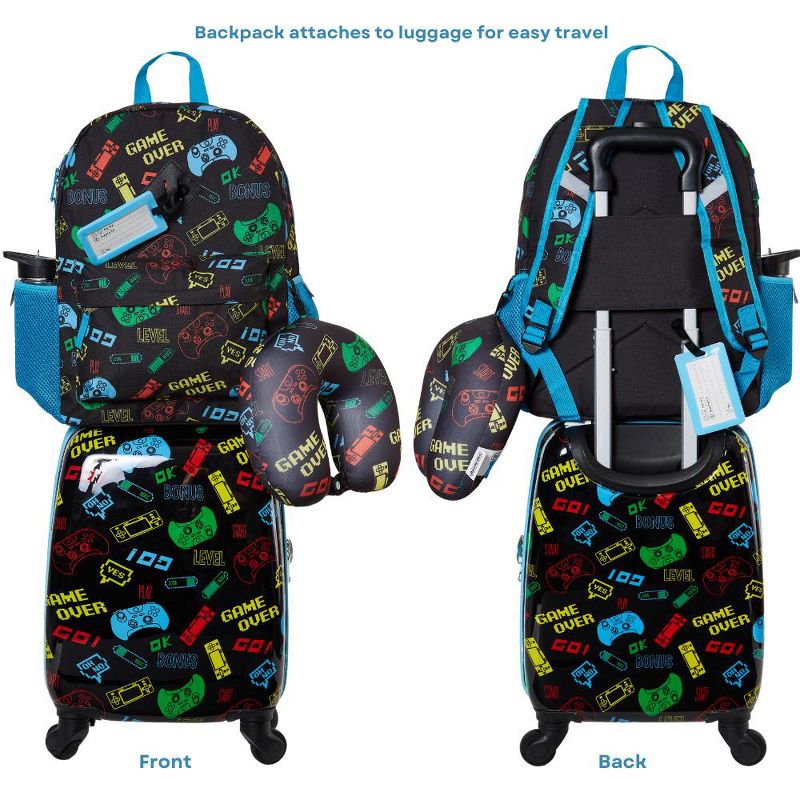 Gaming Rolling Suitcase Set with Backpack, Neck Pillow, Water Bottle, and Luggage, 4 of 8