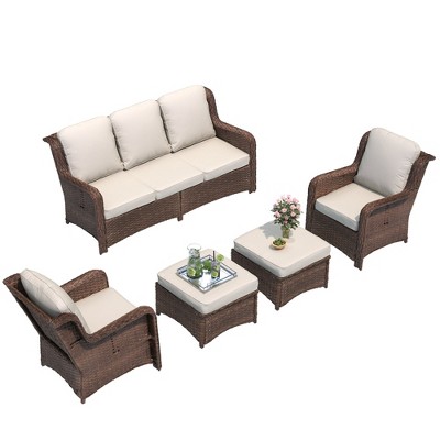 Hzzkey 5pc Outdoor Wicker Conversation Set with Cushions – Sofa, Chairs & Ottoman, Multiple Color Options