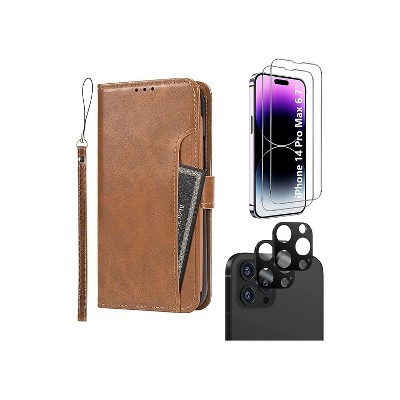 SaharaCase iPhone 14 Pro Max Bundle Leather Folio Wallet Case with Tempered Glass Screen and Camera