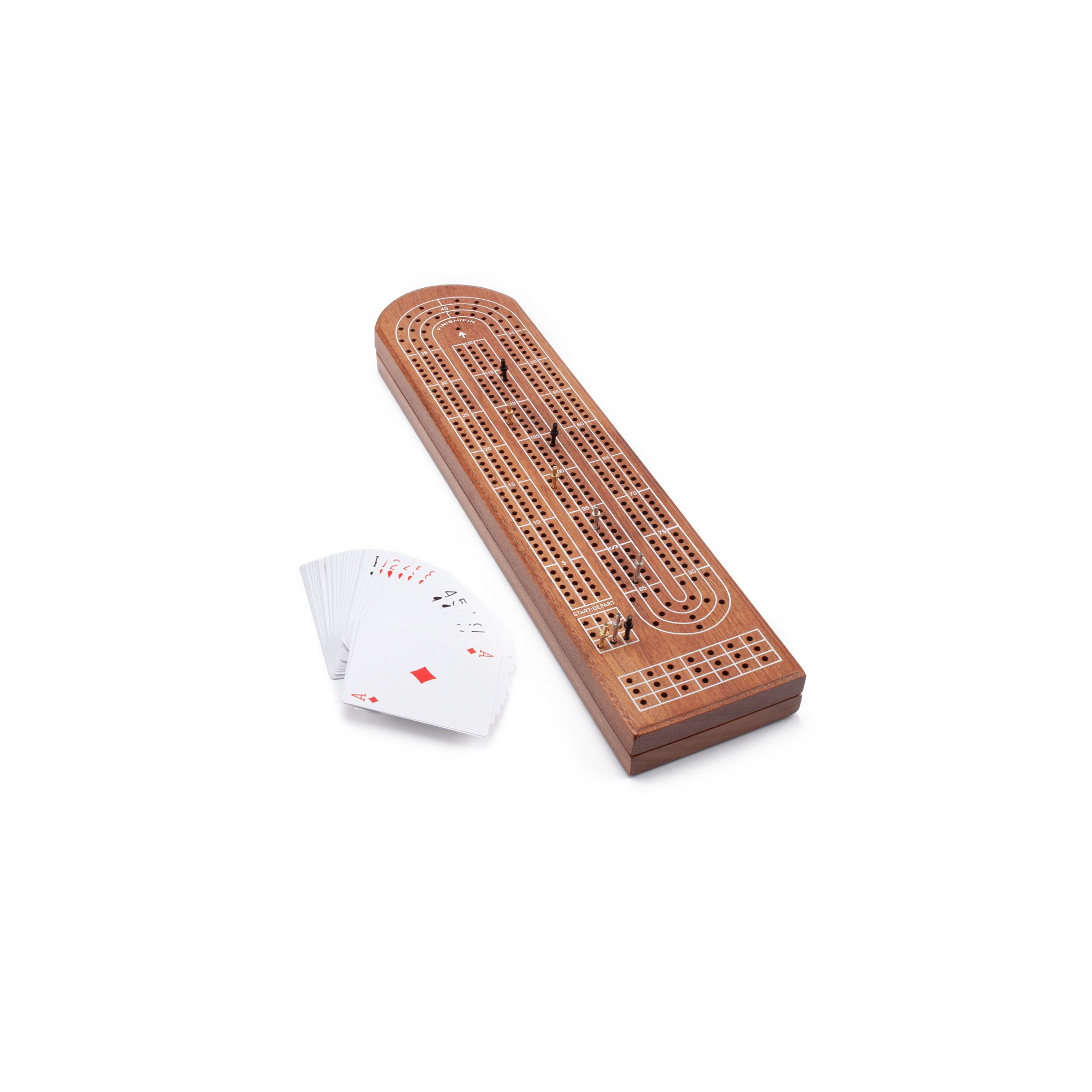 GSE 3-Track Wooden Cribbage Board Game with Playing Cards, 9 Metal Pegs, and Storage Area for Family Game
