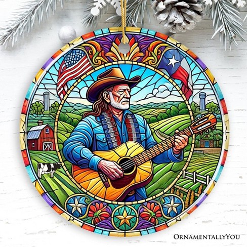 Country Outlaw Texas Melody Ceramic Ornament, Vintage Stained Glass Style Cowboy Music and Guitar Gift| OrnamentallyYou - image 1 of 4