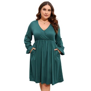 BLUEMING Plus Size Women Dress Faux Wrap V Neck Dress with Ruffle Cuff Bishop Sleeve Fall Midi Dress - 1 of 4