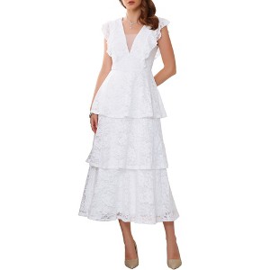 INSPIRE CHIC Women's Lace Wedding Guest Cocktail Evening Ruffle Cap Sleeves Tiered A-Line Maxi Dresses - 1 of 4
