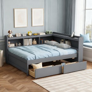 Luxystar Full Size L-shaped Bookcases Bed with Power Outlets, USB Charging Ports and 2 Drawers - 1 of 4