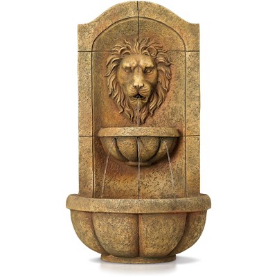 Lion Head Rustic Faux Stone 2-Tier Wall Water Fountain with LED Light