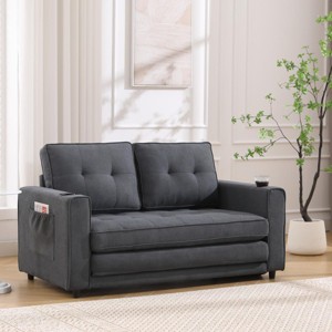 55" 3-in-1 Convertible Loveseat Sleeper Sofa with Pull-Out Bed, Cup Holders & Side Pockets for Small Spaces -3irtyhousy - 1 of 4