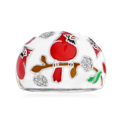 Ross-Simons 0.10 ct. t.w. White Topaz and Multicolored Enamel Cardinal Ring in Sterling Silver