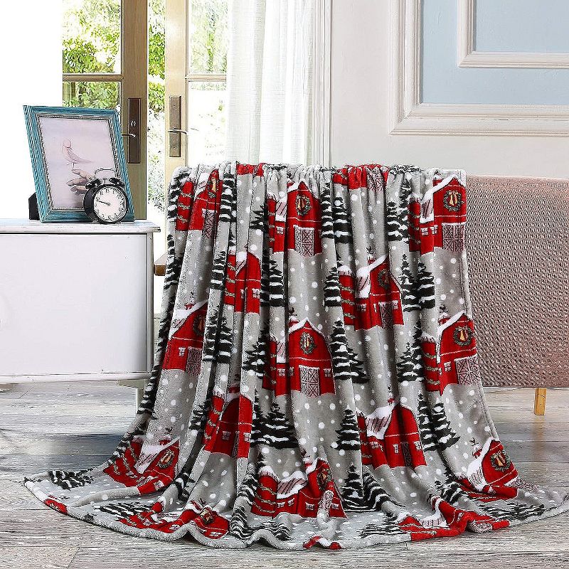 Kate Aurora Ultra Soft & Cozy Christmas Gray Snowy Barn Plush Accent Throw Blanket Cover - 50 in. W x 60 in. L, 2 of 3