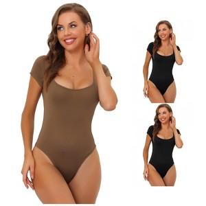 Allegra K Women's Square Neck Tummy Control Short Sleeve Adult Bodysuits 3 Packs - 1 of 4