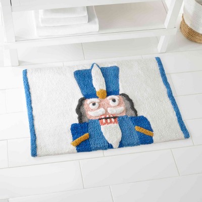 Blue and White Cotton Nutcracker Bath Rug with Latex Backing
