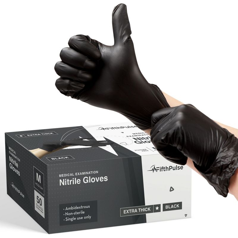 FifthPulse Extra-Thick Disposable Nitrile Medical Exam Gloves, Black, 50 Count - 4.5ML Thickness, 1 of 6