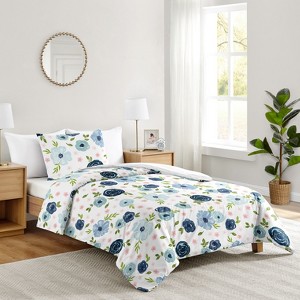 Sweet Jojo Designs Girl Twin Comforter Bedding Set Watercolor Floral Blue Pink and White 2pc - 1 of 4