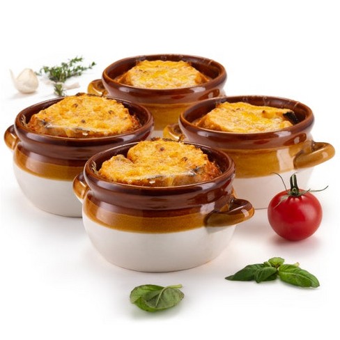 ALELION Small French Onion Soup Bowls, 18 OZ Soup Crocks with  Double Handles and Glass Lids, Oven Safe Soup Bowls for Stew Chili Cheese  Pot Pie Casseroles, Set of 4