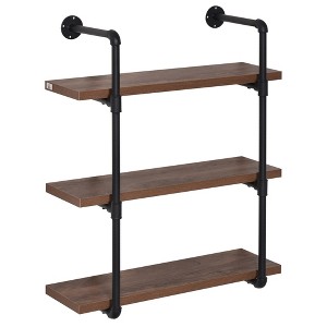 HOMCOM 3-Tier Industrial Pipe Shelves, Floating Wall Mounted Bookshelf, Metal Frame Display Rack for Living Room or Bedroom, Rustic Brown - 1 of 4