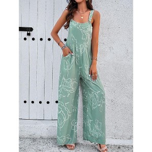 One Piece Jumpsuits with Pockets Women Sleeveless Button Up Dressy Romper Casual Loose Print Outfits - 1 of 4