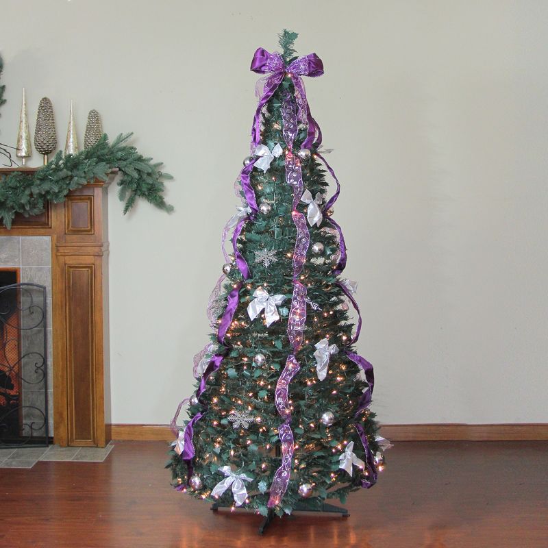 Northlight 6' Artificial Christmas Tree Prelit Purple and Silver Decorated Pop-Up - Clear Lights, 3 of 6
