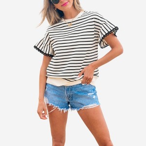 Amaryllis Women’s Striped Short Sleeve Ruffle Hem Top with Scalloped Trim Crew Neckline Relaxed Fit - 1 of 4