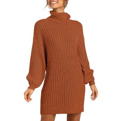 Womens Sweater Dress High Neck Long Lantern Sleeve Knit Sweater Midi Dress