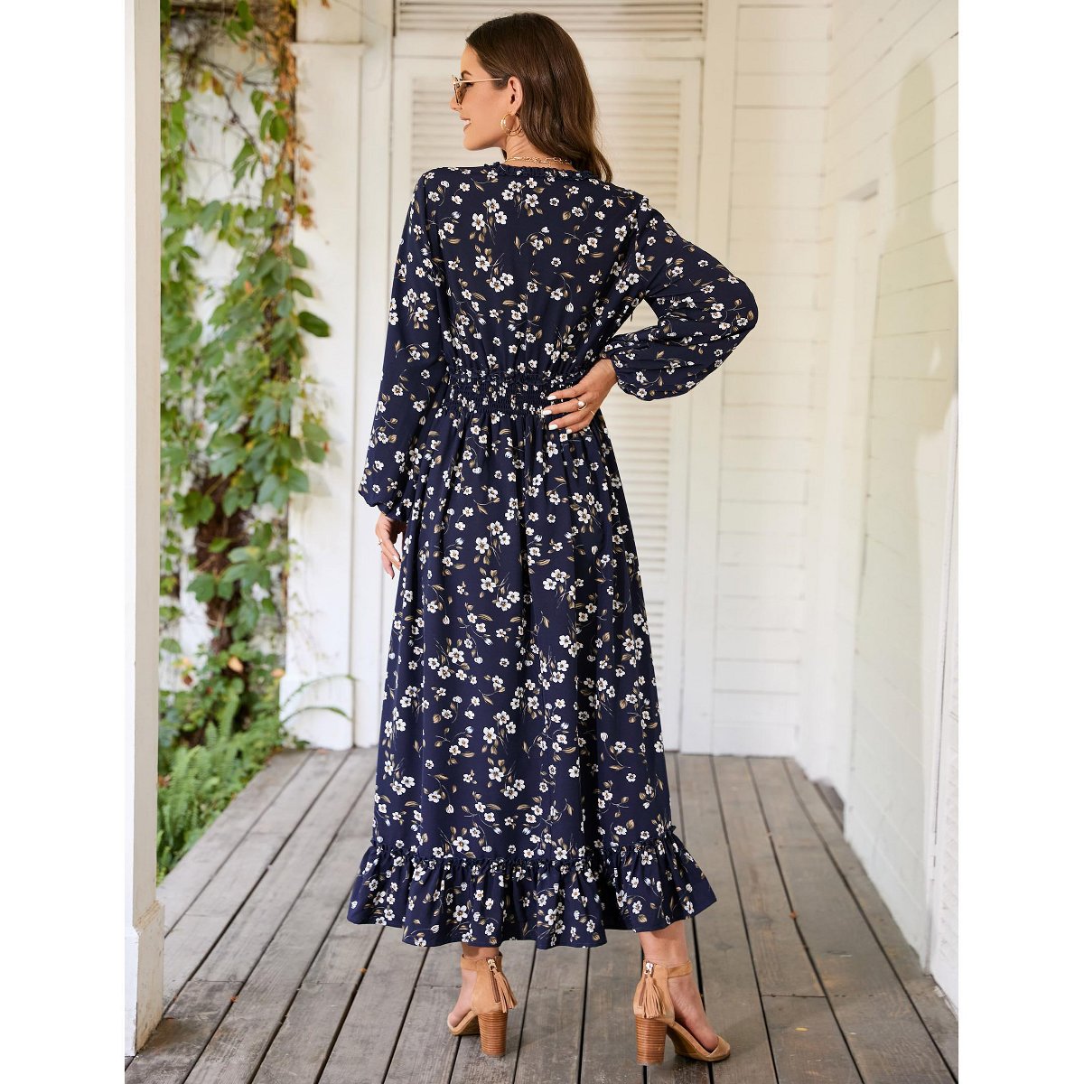 Женские платья YesFashion Casual V Neck Boho Floral Print Wedding Guest Maxi Dresses for Women Bohemian Flowy Maxi Dress Dark Blue M — фото 5
