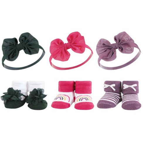 Hudson Baby Infant Girl Headband and Socks Giftset, Green Purple, One Size - image 1 of 4