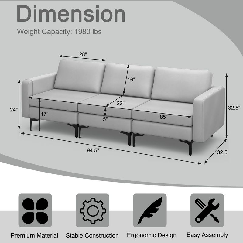 Costway Modular 3-Seat Sofa Couch w/ Socket USB Ports & Side Storage Pocket, 4 of 11