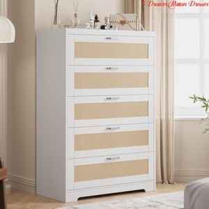 Hallway 5 Drawer Rattan Dresser for Bedroom, 47.27” Tall Dresser w/ Power Outlets, Wood Dresser Chest of Drawers with Metal Handles - 1 of 4