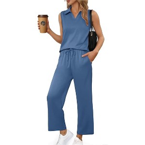 PINSPARK Two Piece Sets for Women Sleeveless Outfits Travel Tracksuit V Neck Top Wide Leg Pant Lounge Sets 2025 Summer - 1 of 4