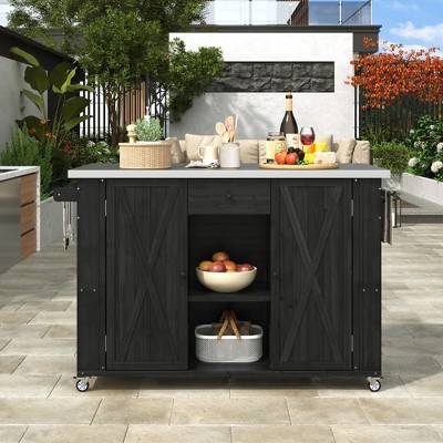 VYNXARIA Outdoor Kitchen Island: Black Fir Wood with Stainless Steel Top & Ample Storage