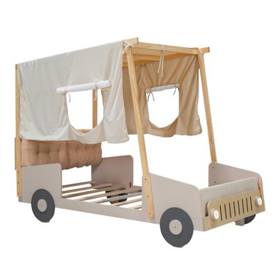 YOOCOZZ Full & Twin Size Wood Car Bed with Pillow, Ceiling Cloth, and LED