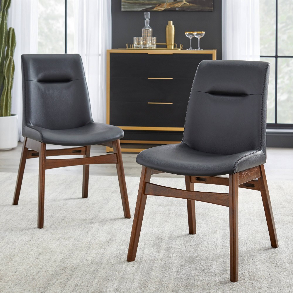 Set of 2 Vance Dining Chair Black - Buylateral: Mid Century, Vegan Leather, Rubberwood Base, Walnut Finish