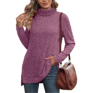 Women's Fall Winter High Neck Ribbed Knit Top - Loose Fit T-Shirt with Side Slits - 1 of 3