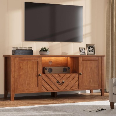 TackView TV Stand for up to 65, Farmhouse Media Console with V-Shaped Pattern Drawer, Open Compartment and 2 Cabinets,Brown
