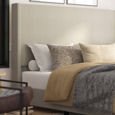 Beige King Upholstered Platform Bed with Wingback Headboard