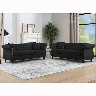 TiramisuBest 80" 3-Seater Tufted Velvet Sofa with Rolled Arms & Nailhead Trim, Black for Living Room, Bedroom & Office,3S+3S