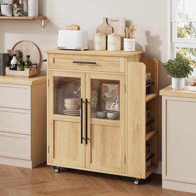 Kitchen Island Cart with Storage, Mobile Rolling Island with Glass Cabinet Doors & Spice Rack, Retro Style Dining Room Furniture, Natural Wood