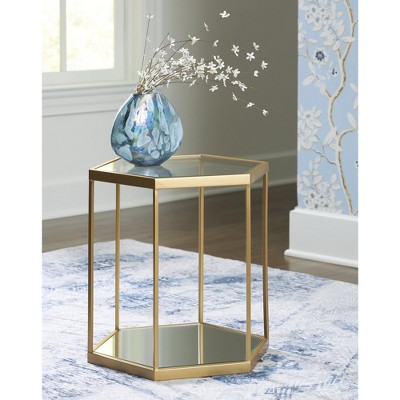 Veerwick Gold Hexagonal Glass Accent Table with Mirrored Inset